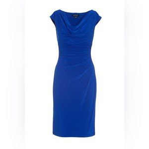Lauren Ralph Lauren Blue Drape Neck Ruched Stretch Sheath Cocktail Dress Sz 8